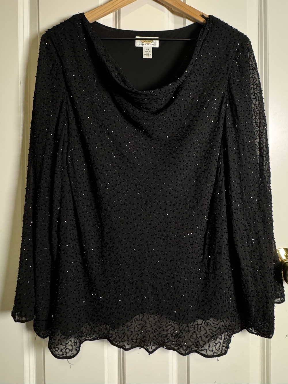 Vintage Talbots Elegant Black Silk Beaded Long-Sleeve Draped Neck Blouse, Formal